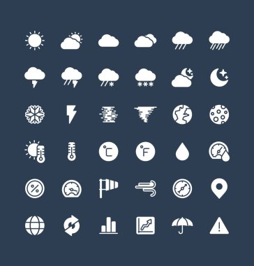 Hava ve göktaşı düz sembolleri ile katı vektör simgeleri ayarlandı.