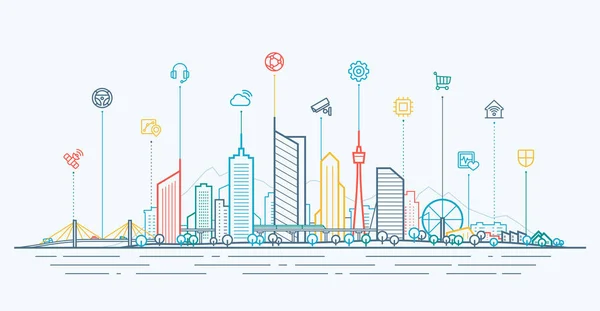 Akıllı şehir bağlantısı konsepti. Gelecekçi teknoloji manzarası ince çizgi simgelerini birleştirdi. Soyut vektör kenti. — Stok Vektör
