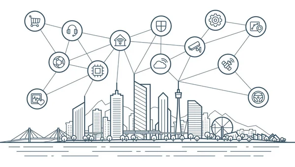 Концепция умного городского сообщения. Футуристический технологический ландшафт, в котором интегрированы тонкие иконки линии. Абстрактный векторный город. — стоковый вектор