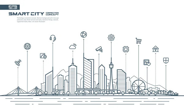 Akıllı şehir bağlantısı konsepti. Gelecekçi teknoloji manzarası İnce çizgi simgelerini birleştirdi. — Stok Vektör