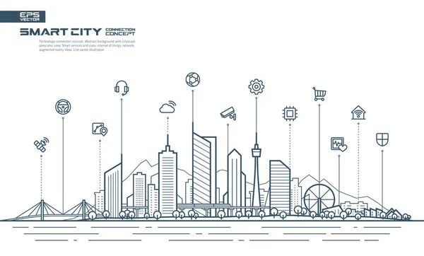 Conceito de conexão inteligente da cidade. Paisagem tecnológica futurista com ícones de linha fina integrados. — Vetor de Stock