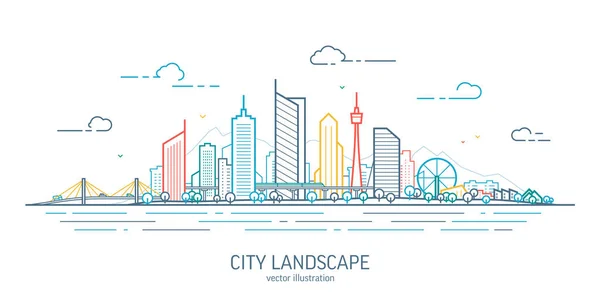 भविष्यवादी शहर दृश्य पतली रेखा कला चित्रण। भविष्य के शहर पैनोरमा को रेखांकित करें। शहर के परिदृश्य को संक्षिप्त करें। डाउनटाउन स्काईस्क्रैपर, कार्यालय भवनों, पार्क के साथ शहरी क्षितिज — स्टॉक वेक्टर