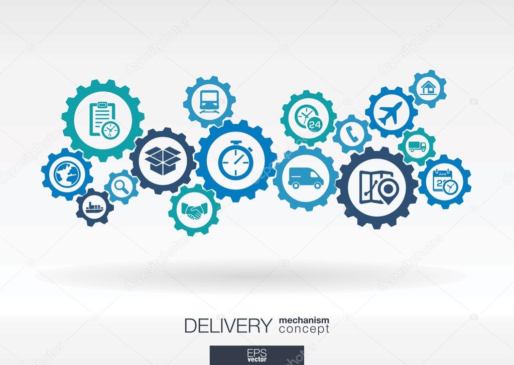 Delivery mechanism concept. Abstract background with connected gears and icons for logistic, service, shipping, distribution, transport, market, communicate concepts. Vector interactive illustration