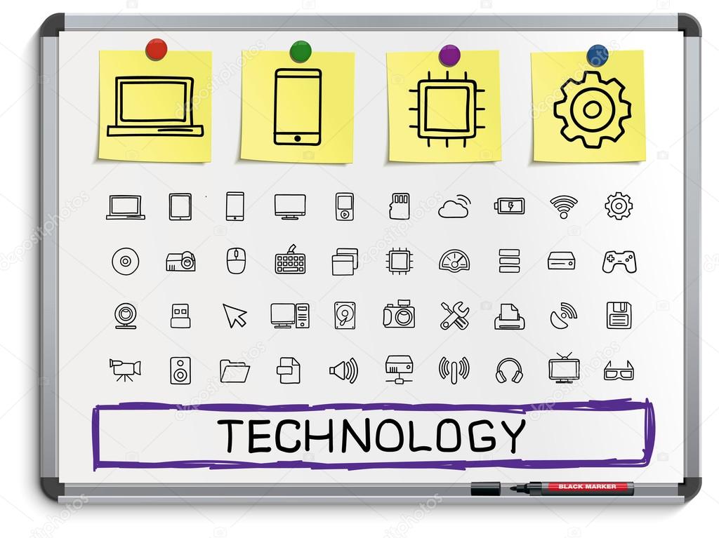 Technology hand drawing line icons