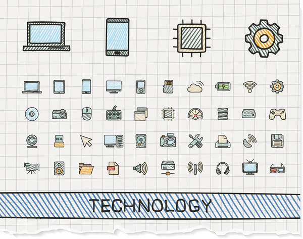 Technology hand drawing line icons — Stock Vector