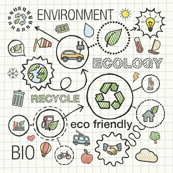 Ícones de desenho de mão infográfico de ecologia — Vetor de Stock