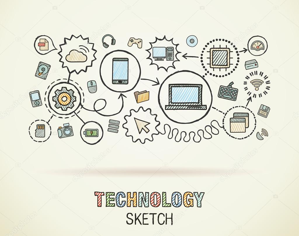 Technology hand drawing icons.