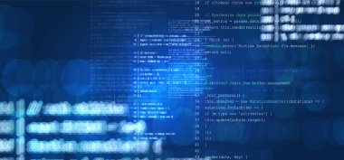 Dijital ekranlar, veri akışı ve programlama senaryoları ile soyut teknoloji kodu arka planı. Gelecekteki yazılım geliştirme, siber güvenlik, yapay zeka, ağ ve web arayüzü kavramı.