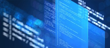 Soyut izometrik 3D teknoloji kod arka planı yüzen dijital ekranlar, veri akışı ve programlama arayüzü. Gelecekteki yazılım geliştirme, AI, ağ, siber güvenlik ve web uygulama kavramı.
