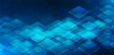 Soyut dijital model. Şeffaf cam kareler veri ağı yapısını oluşturuyor. Yapay zekayı, bilgi akışını, sistem mimarisini ve dijital bağlantıyı sembolize eden gelecekçi mavi teknoloji arka planı