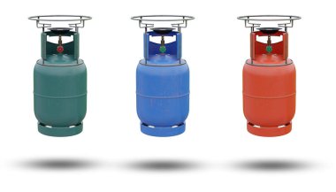 Bir dizi LPG veya bütan gazı silindir şeklinde çelik bir tankın içinde paketlenir. Yemek pişirmede ya da çeşitli endüstriyel uygulamalarda ısıtılan bir gazdır. Beyaz arkaplanda izole et. 3B görüntüleme.