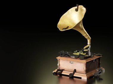 Eski antik Gramofon ya da Fonograf ve siyah notalar koyu siyah arka planda. Popüler bir efsanevi müzik çalar. Rüzgarla çalışıyor. Müzik ve estetik konsepti. 3B illüstrasyon.