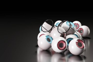 Yuvarlak şekilli bardaklar, siyah bir zemindeki mavi ve kahverengi birkaç göze ve koyu bir arka plana yerleştirildi. Göz sorunları ve göz işi kavramı. 3B illüstrasyon oluşturma.