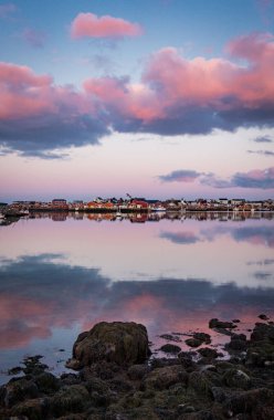 Günbatımında Norveç, Reine, Lofoten Adaları yakınlarında kırmızı evleri ve tekneleri olan küçük bir balıkçı köyü. Pembe bulutlar ve gölde güzel bir yansıması olan mavi saat.