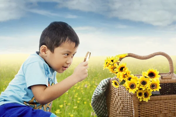 Ребенок наблюдает цветы с лупой — стоковое фото