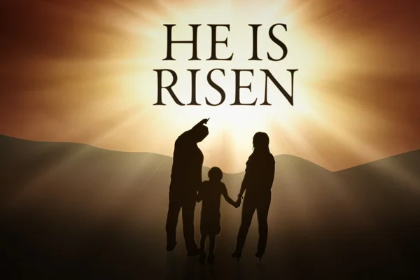 Silhouette of family and text He is risen — Stock Photo, Image