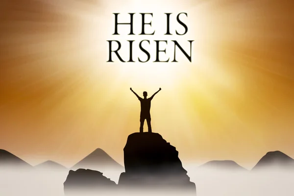 Christian person and text He is risen — Stock Photo, Image