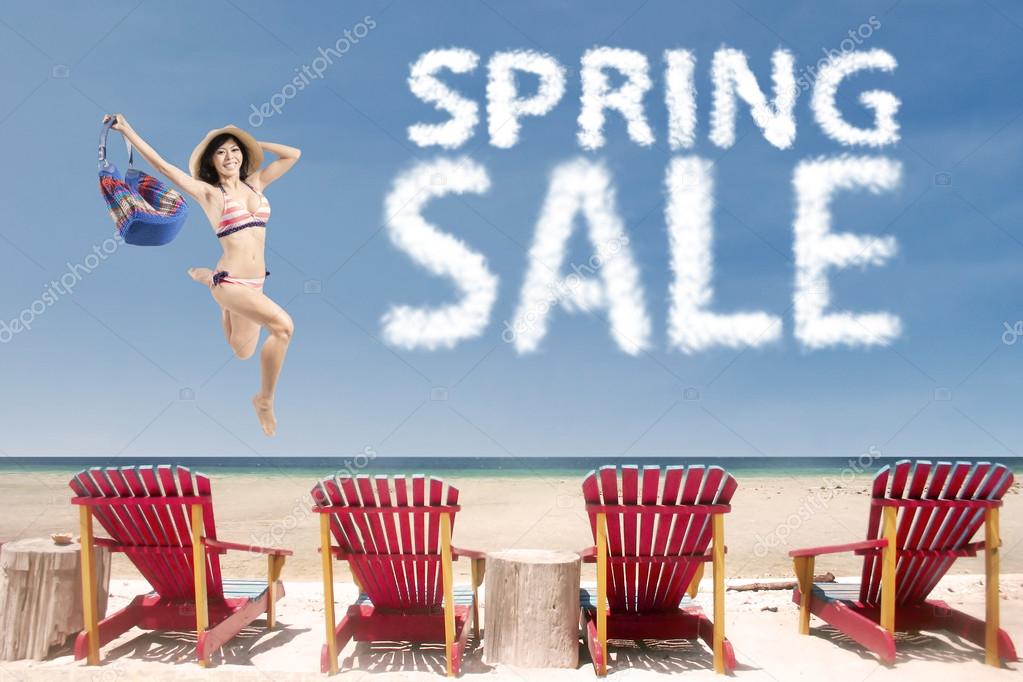 Jumping woman and spring sale cloud