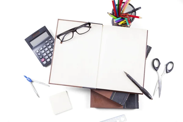 Books and stationery set on white background — Stock Photo, Image