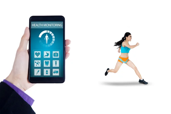 Health monitoring app and healthy woman — Stock Photo, Image