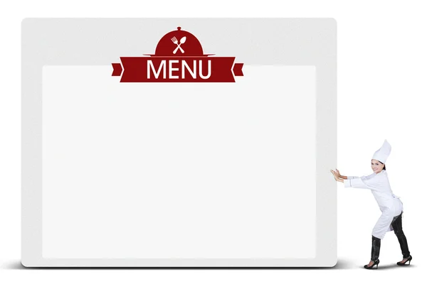 Asiatico chef spinge cartellone con un menu di testo — Foto Stock
