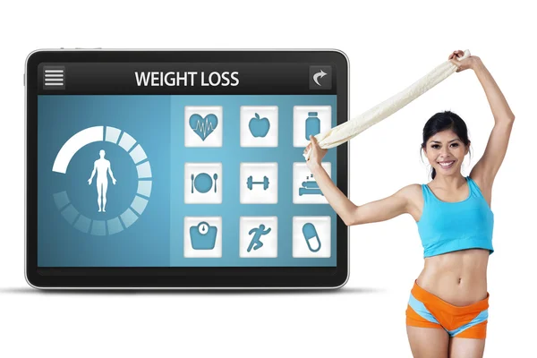 Mulher asiática saudável e aplicativo de perda de peso — Fotografia de Stock