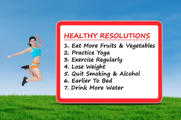 Mujer sana y la lista de resoluciones saludables —  Fotos de Stock