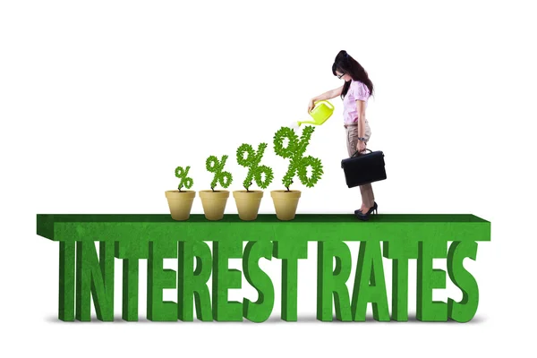 Woman with percentage sign of interest rates — Stock Photo, Image