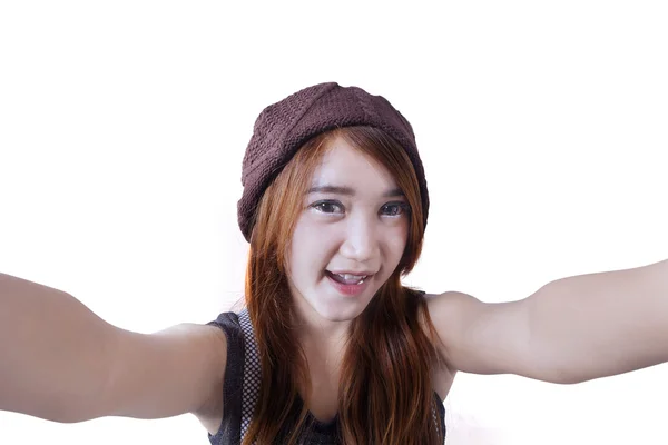 Cheerful teenage girl doing selfie — Stock Photo, Image