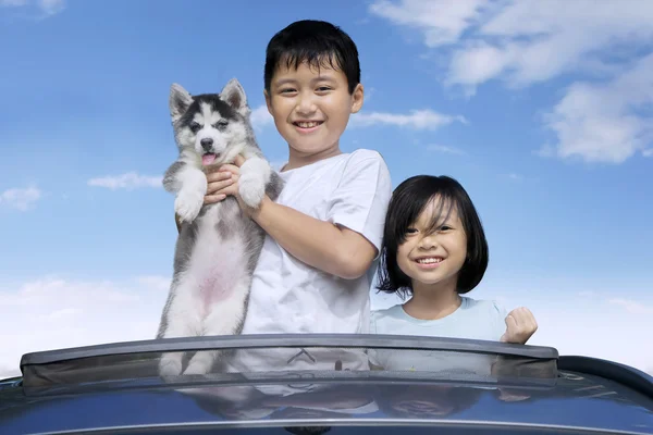 Kinderen en husky puppy op het zonnedak — Stockfoto