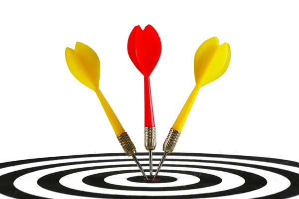 Three darts hitting the middle of dartboard — Stock Photo, Image