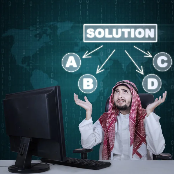 Confused Arabic businessman choosing a solution — Stock Photo, Image