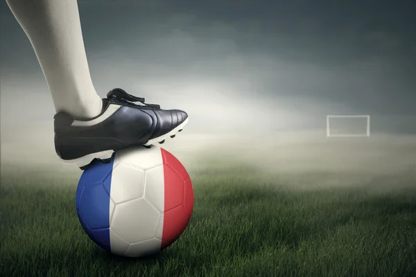 Nohy a fotbalový míč v poli — Stock fotografie