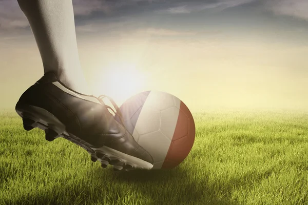 Fuß kickt den Ball auf dem grünen Rasen — Stockfoto