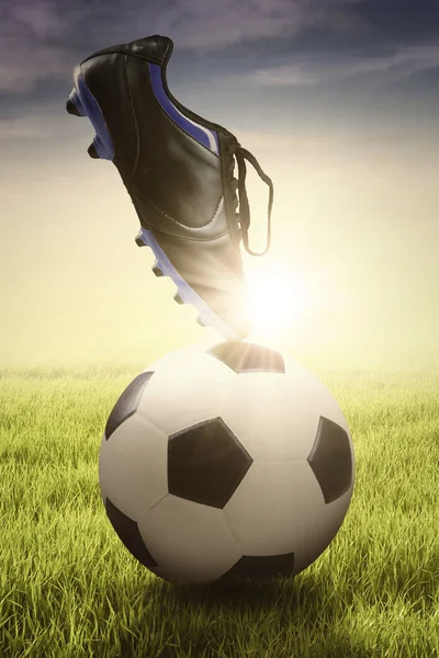 Soccer ball and shoe on the green grass — Stock Photo, Image