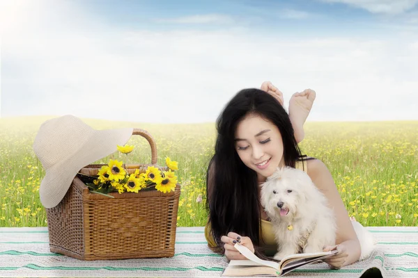 Femme avec chien maltais sur la prairie — Photo