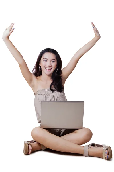 Cheerful girl using laptop — Stock Photo, Image