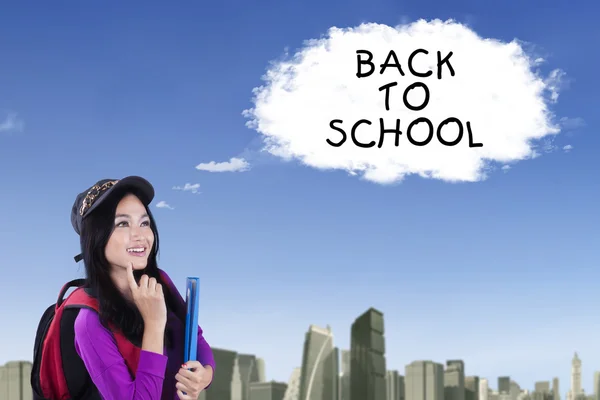 Student met tekstballon terug naar school — Stockfoto