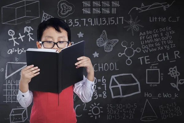 Jongen leest boek in de klas terwijl staande — Stockfoto