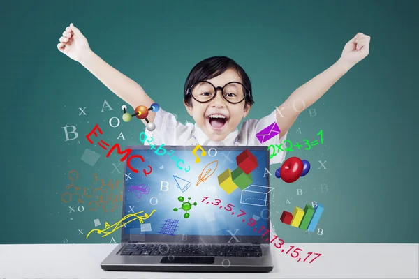 Cheerful girl with formula on the laptop — Stock Photo, Image