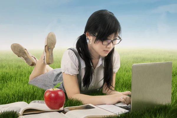 Pretty schoolgirl with laptop at field — Stock Photo, Image