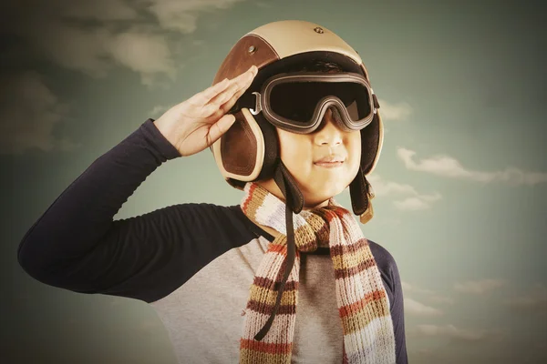 Boy giving respectful gesture while wearing helmet — Stock Photo, Image