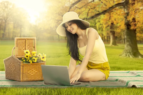 Mulher encantadora trabalhando no laptop no campo — Fotografia de Stock