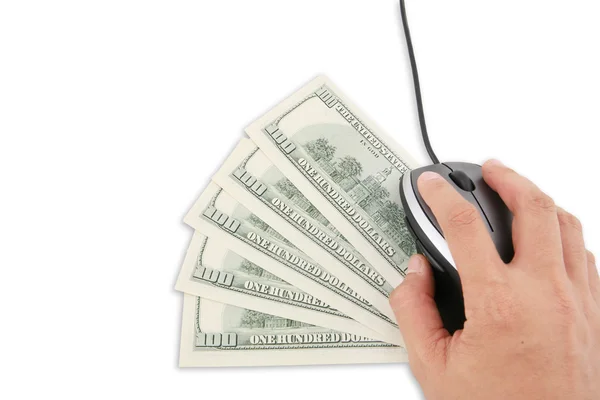 Hand uses computer mouse with US money — Stock Photo, Image