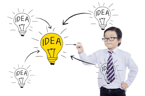 Boy drawing lightbulb with idea word — Stock Photo, Image