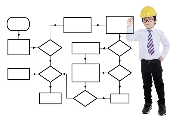 Niño con diagrama de flujo de dibujo del casco — Foto de Stock