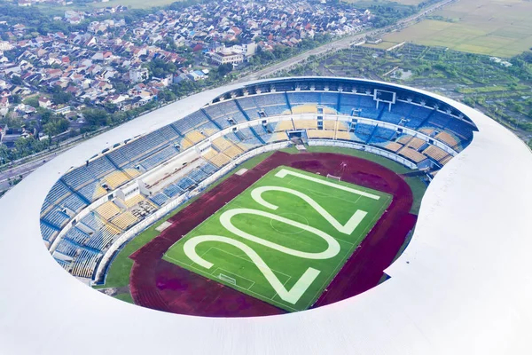 Ευτυχισμένο Νέο Έτος Αεροφωτογραφία Του Όμορφου Ποδοσφαιρικού Σταδίου Αριθμό 2021 — Φωτογραφία Αρχείου