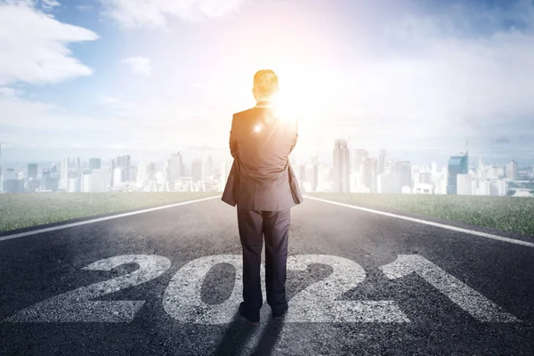 Rear View Young Businessman Looking Modern City While Standing 2021 — Stock Photo, Image