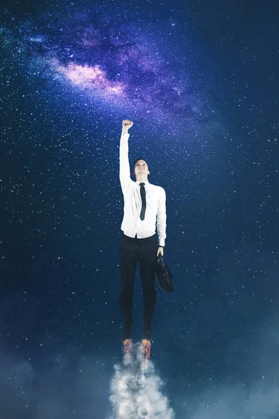 Caucasian Businessman Carrying Suitcase While Flying Milky Way Night Sky — Stock Photo, Image
