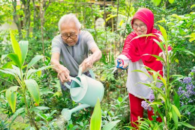 Bahçedeki çiçekleri sularken yaşlı çiftler birlikte bahçeye çıkıyorlar.